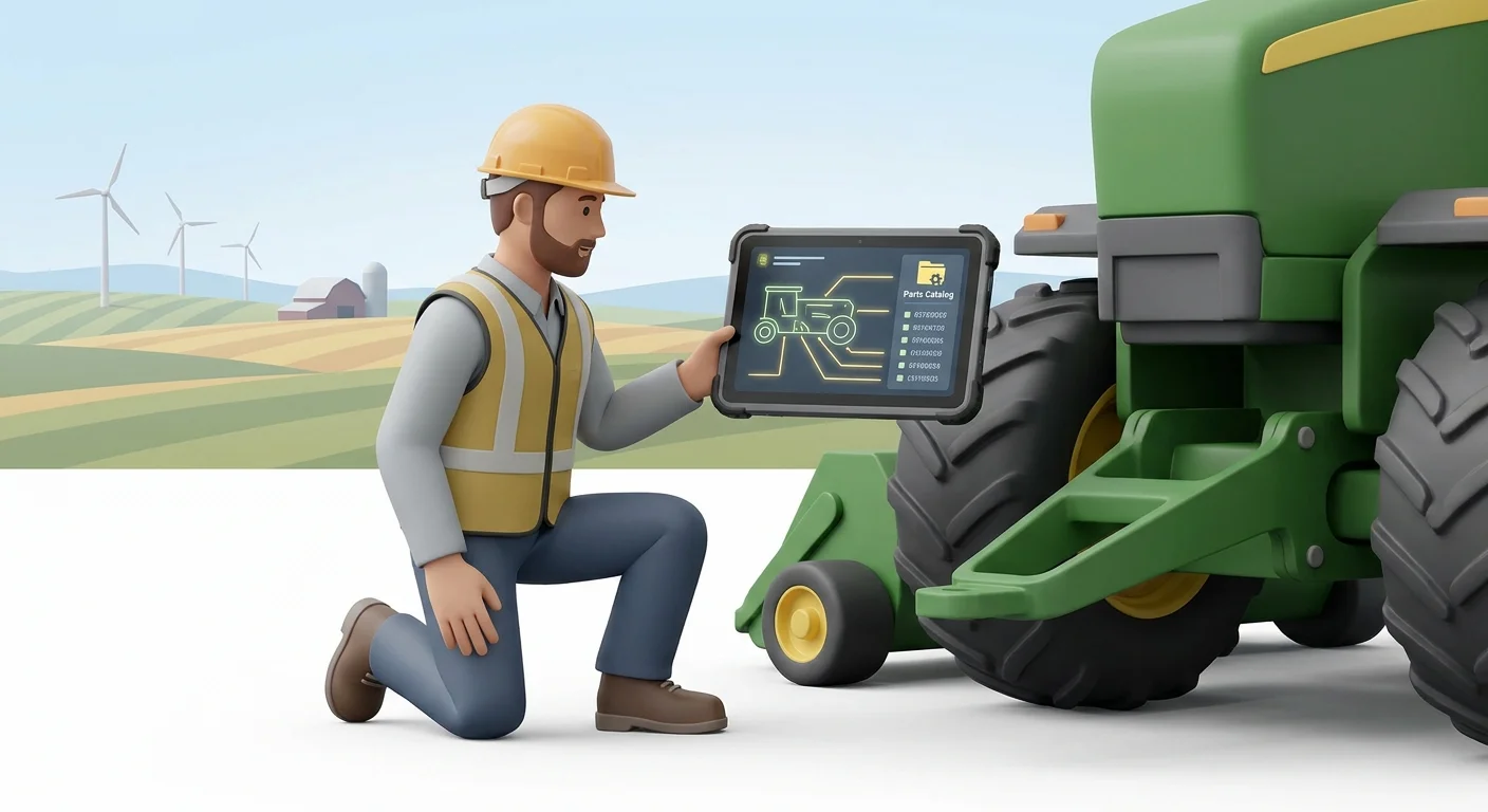 A field service technician wearing a hard hat, using a rugged tablet computer in a remote agricultural setting while inspecting heavy machinery.