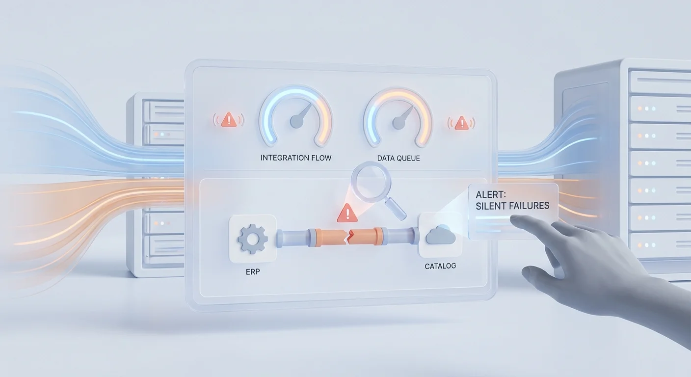 A specialized IT monitoring dashboard displaying system alerts and data queues, visualizing proactive monitoring against silent integration failures.