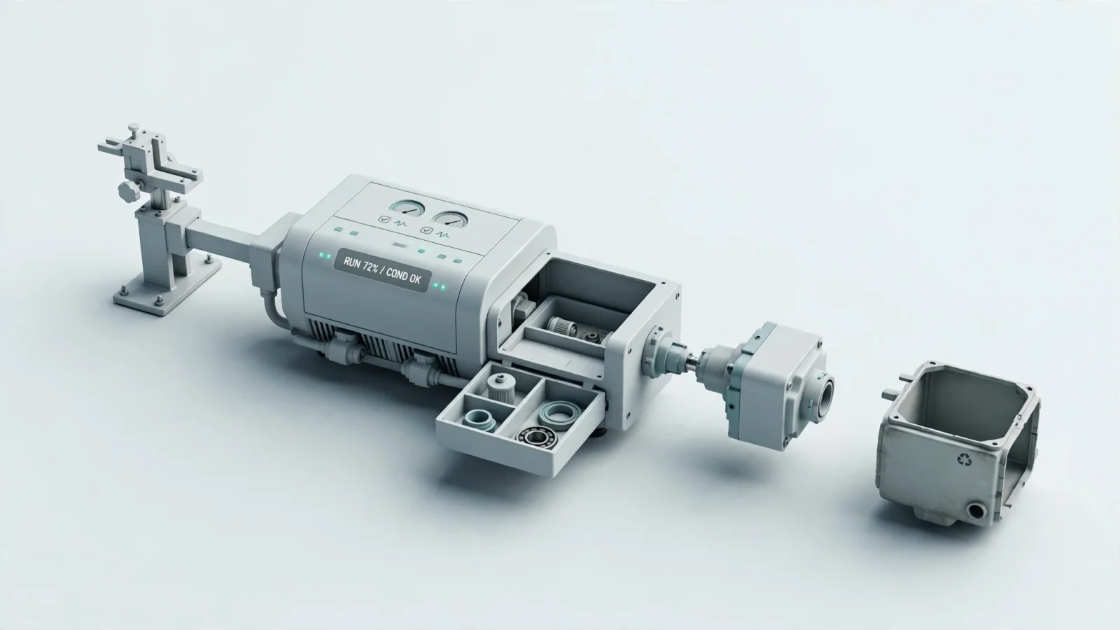 For the lifecycle definition, show one industrial machine moving through factory commissioning, field operation, maintenance, renewal, and retirement in a single connected editorial scene with no labels or overlay text.