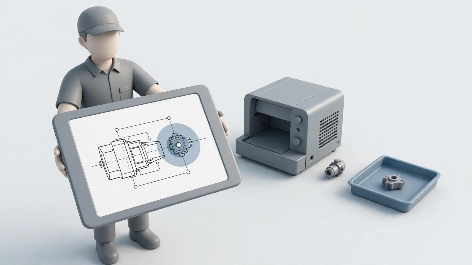 For the parts-identification section, show a field technician beside a machine using a tablet to isolate a component in a digital schematic and pass the selected part into a dealer order workflow, with no readable interface text.