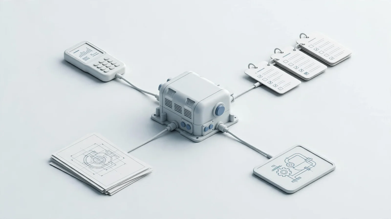 For the integration section, show engineering drawings, an ERP transaction stream, maintenance history, and a mobile catalog converging on one installed asset, making the handoffs visible without labels or overlay text.