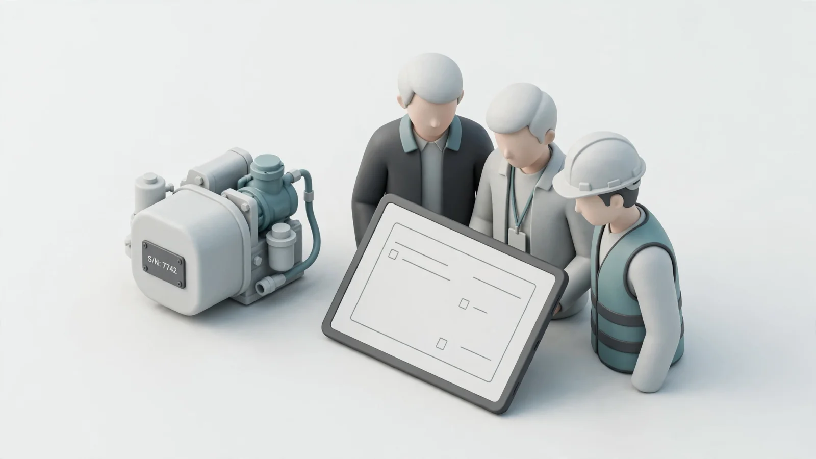 Opening visual: A service manager, dealer representative, and field technician reviewing the same equipment record on a tablet beside a piece of heavy equipment, with no text in the scene.