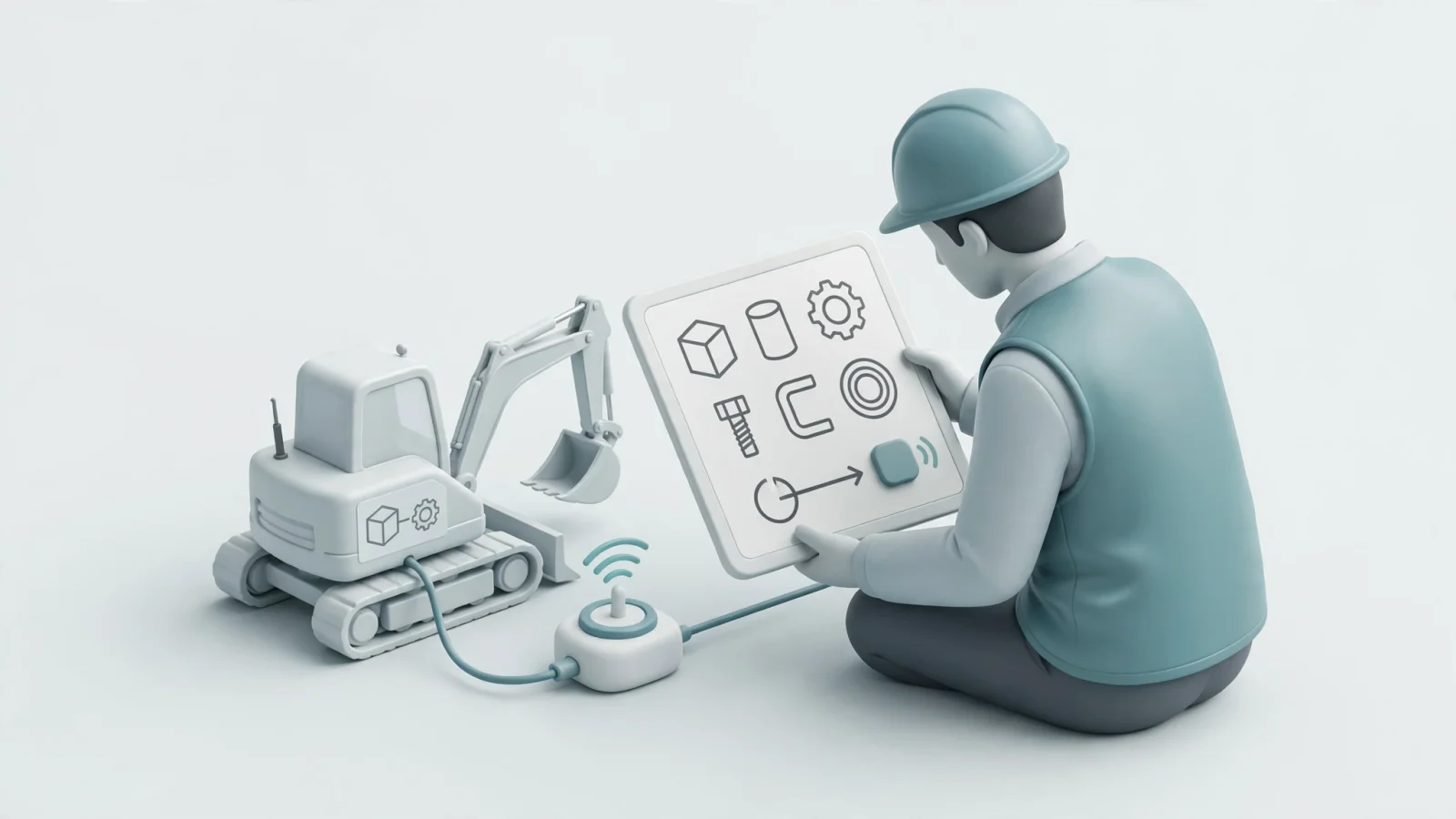 Field-service visual: A technician using a tablet at a remote equipment site, with a subtle visual distinction between cached catalog information and live synchronization after reconnection, with no text in the scene.