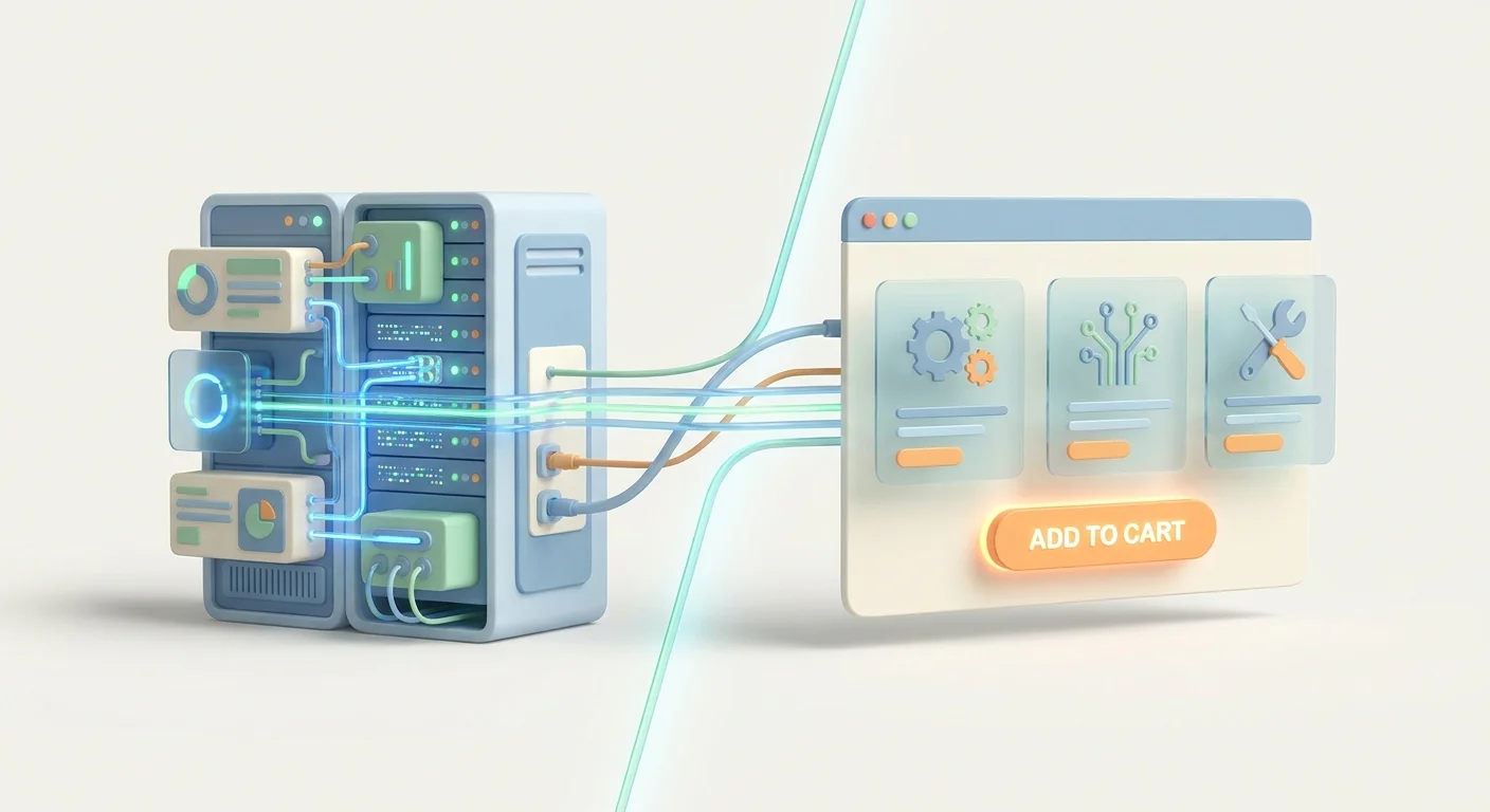 A split-screen visual metaphor showing a complex data server on one side seamlessly glowing and connecting to an interactive digital storefront interface on the other.