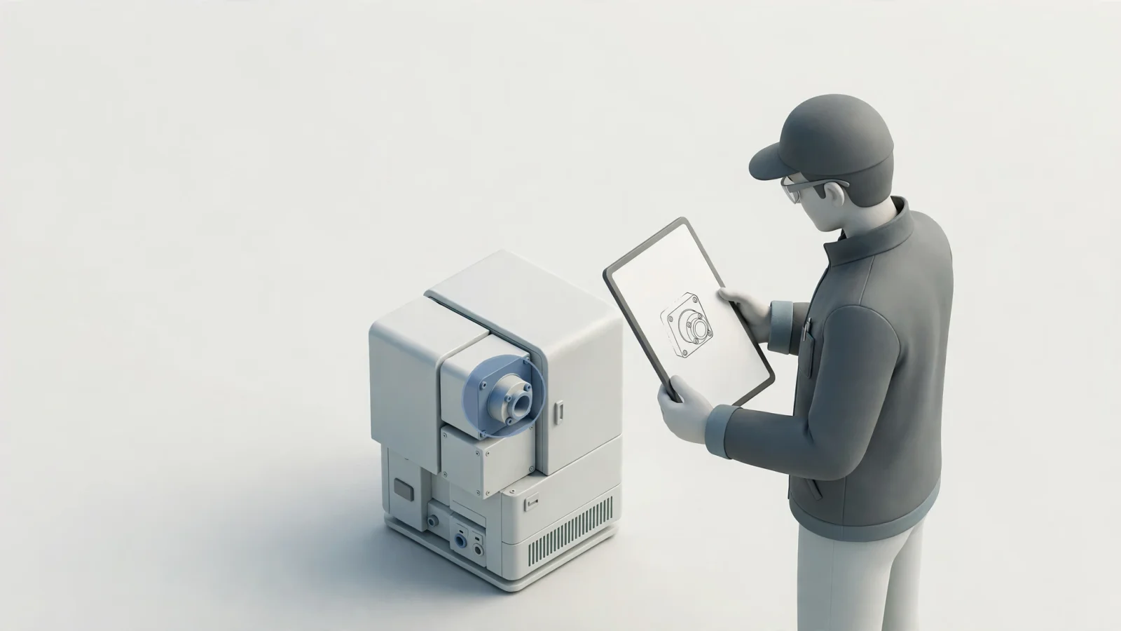 An equipment technician beside a machine uses a tablet to match a marked component on a parts drawing to the physical assembly, with no readable screen text.