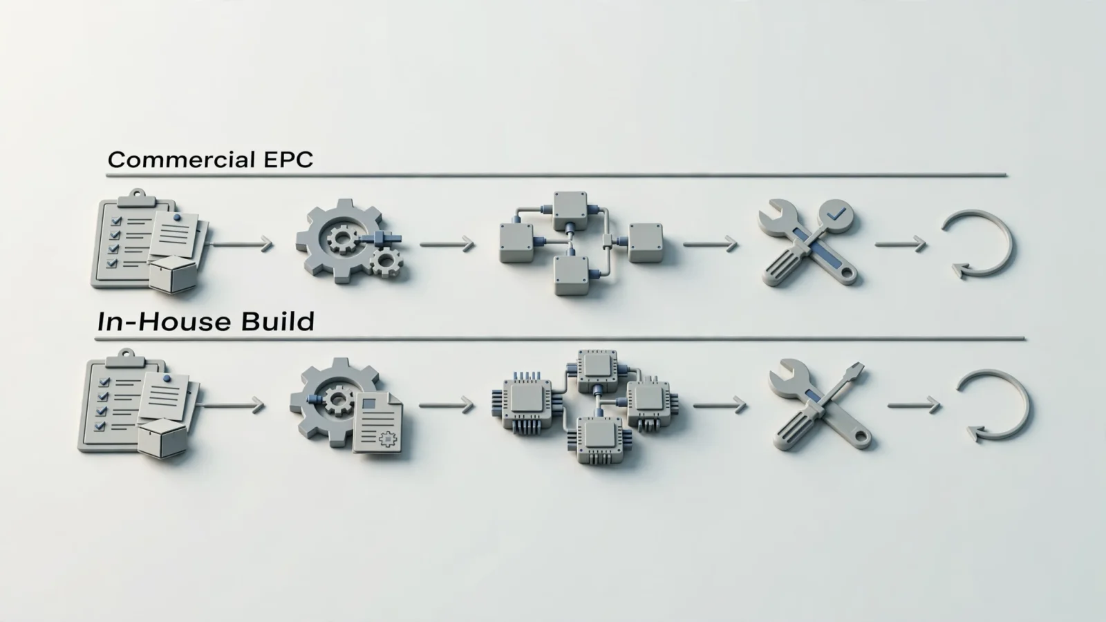 A two-lane lifecycle diagram traces OEM parts data through setup, integration, and maintenance along routes labeled "Commercial EPC" and "In-House Build", showing that both paths carry ongoing work.