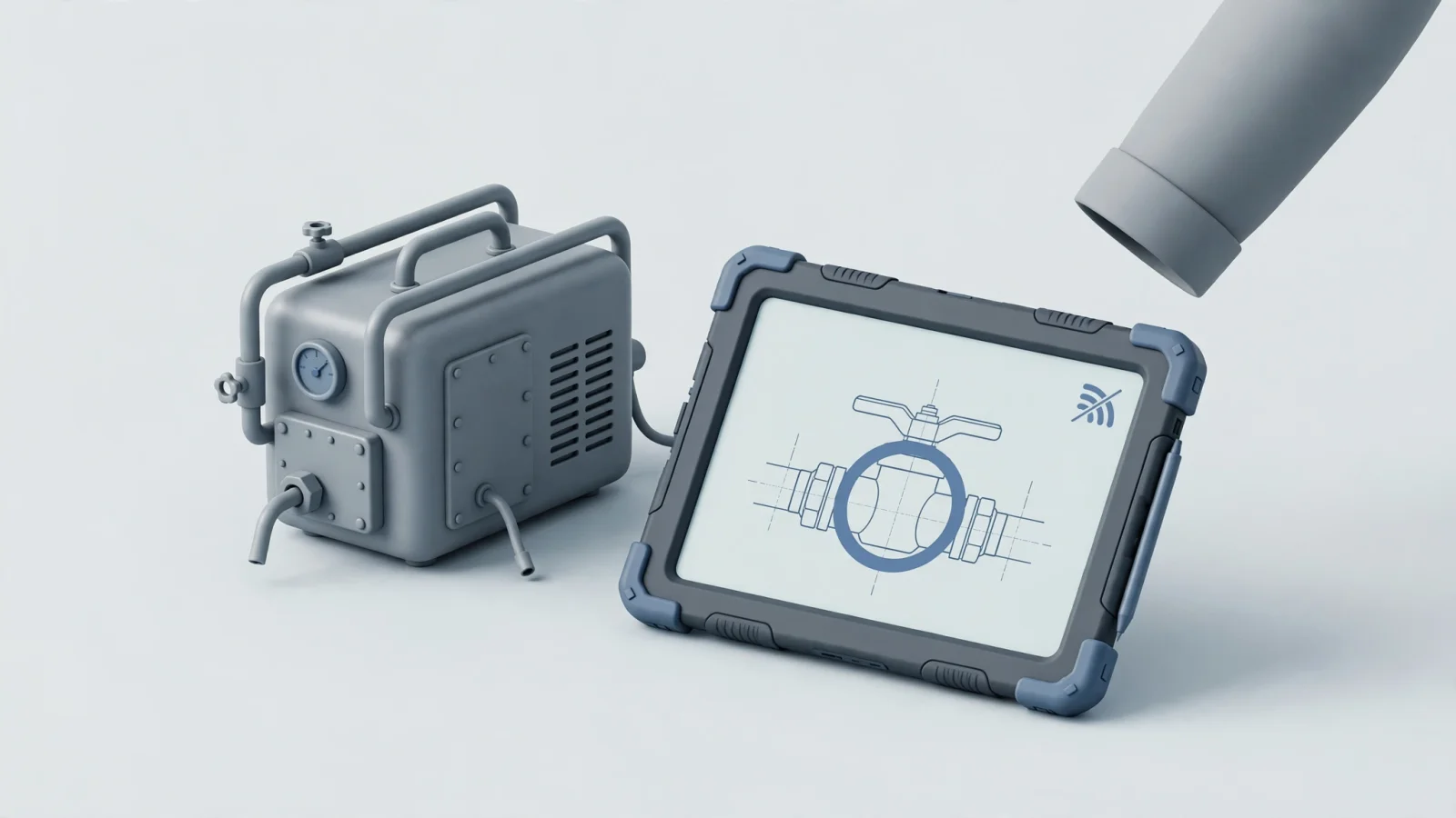 A technician at a remote field site browses locally stored parts diagrams on a rugged tablet beside equipment, with a disconnected signal icon to distinguish lookup from live pricing or ordering.
