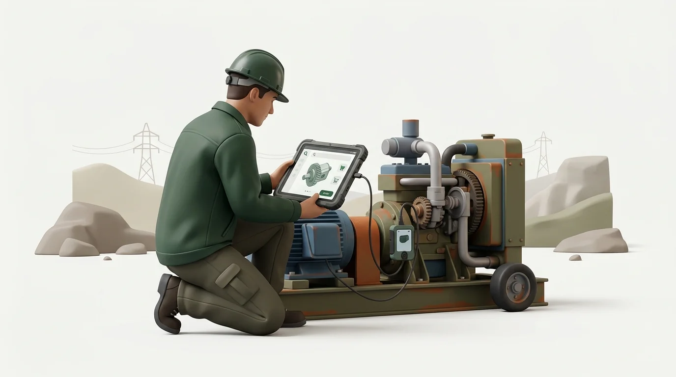 A field service technician beside industrial equipment uses a rugged tablet to identify a replacement component in a remote, low-connectivity setting.