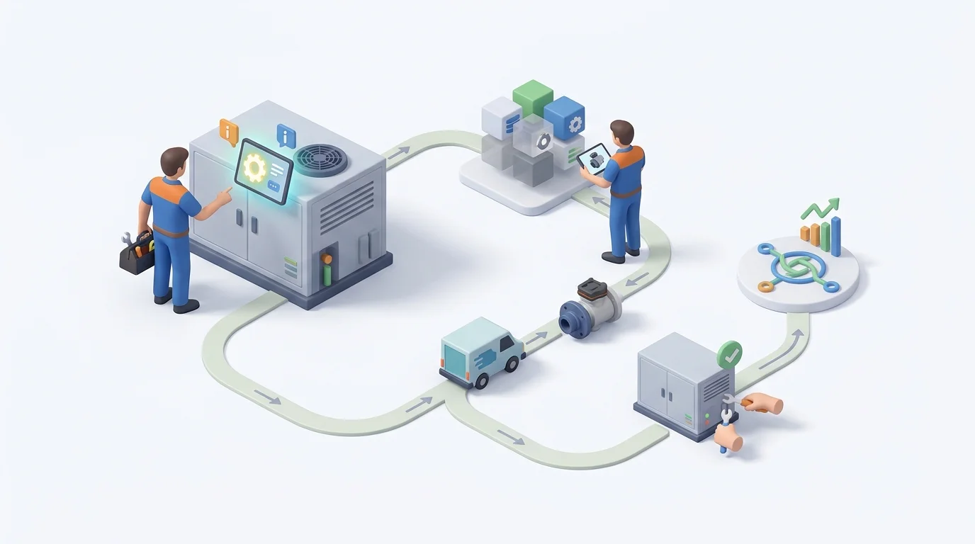 A clean visual flow diagram illustrates a technician moving from equipment identification through offline parts selection to reconnection and ERP validation.