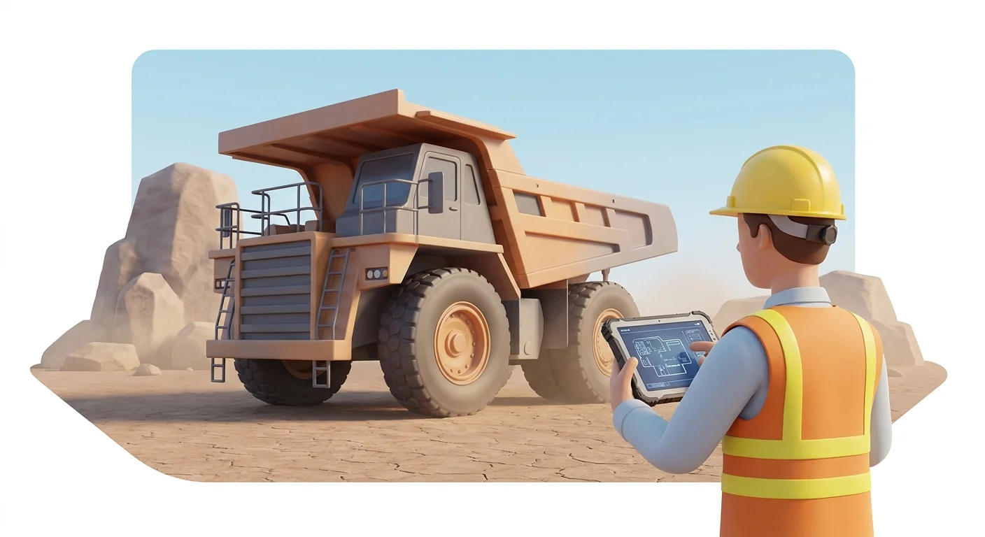 A field service technician in a hardhat using a rugged digital tablet next to a large mining haul truck in a remote, dusty environment.