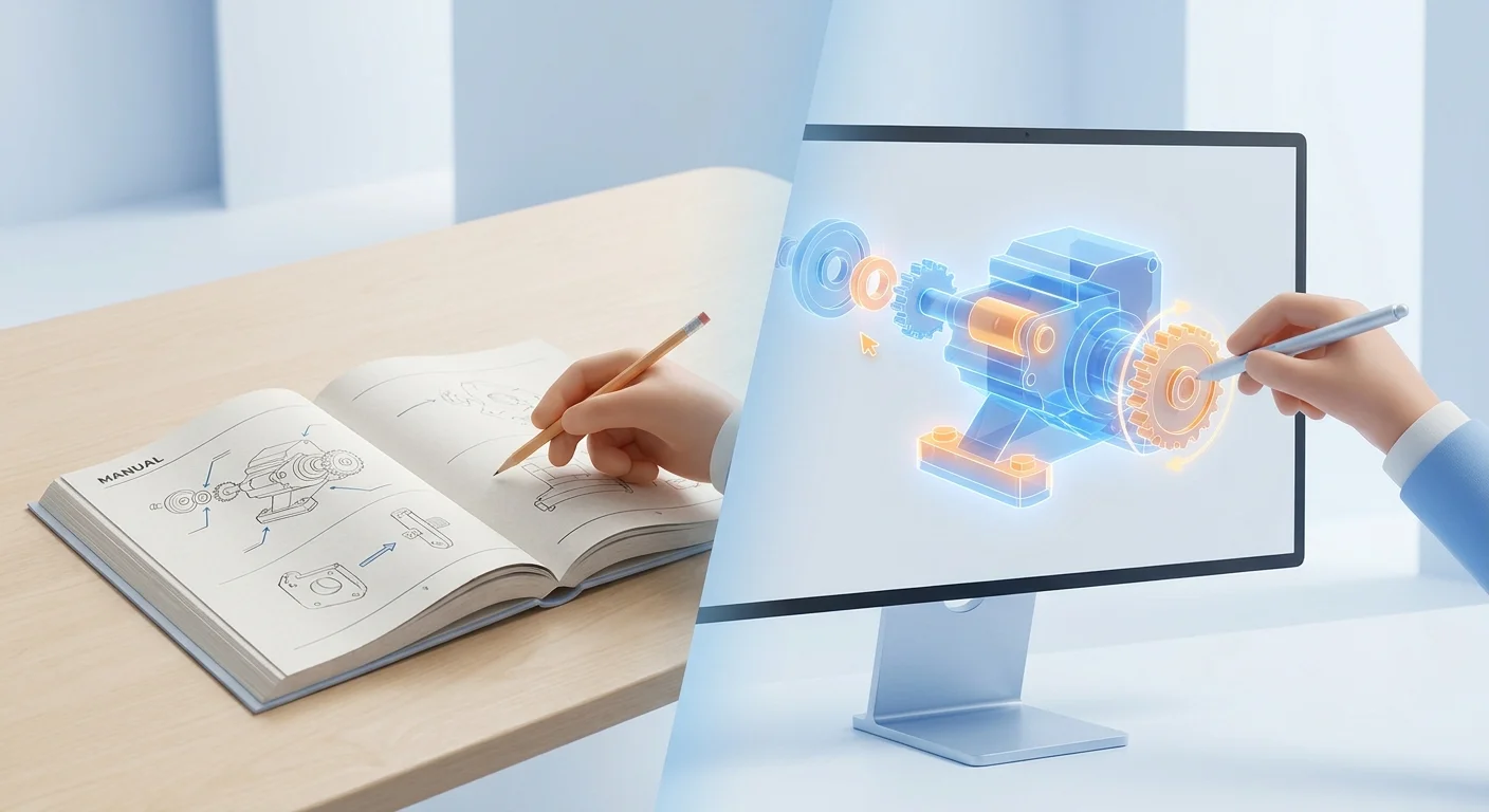A split-screen visual comparison showing a flat, static paper parts manual on one side and a glowing, interactive 3D digital schematic with polygonal highlights on a computer monitor on the other.