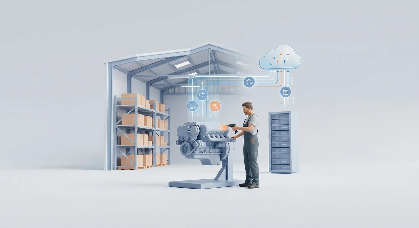 A modern warehouse environment where a mechanic is scanning an engine component, with transparent digital overlay graphics showing API data flowing seamlessly to a centralized cloud server.