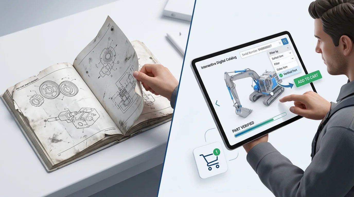 A split-screen editorial scene contrasts a dog-eared PDF parts manual with a technician using a serial-filtered interactive catalog to add a verified part to a cart.
