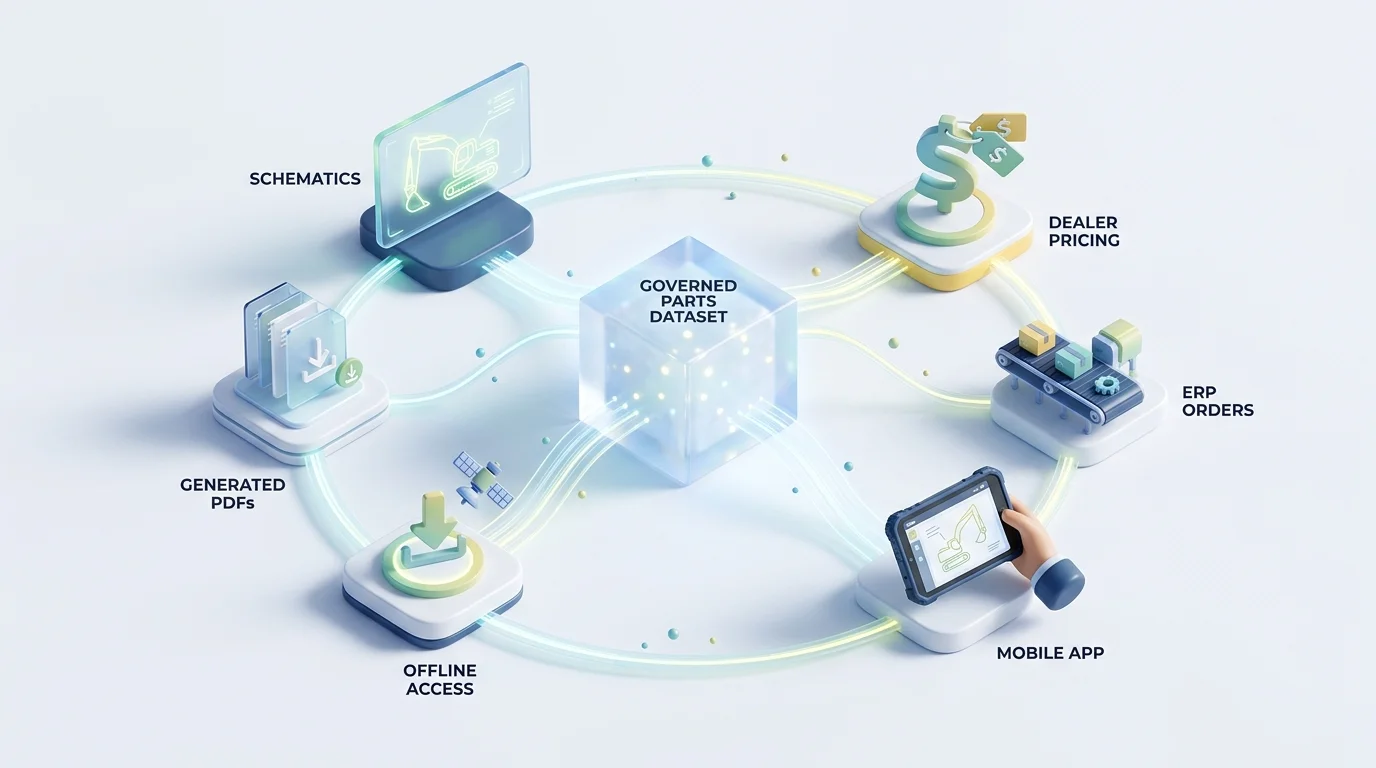 A clean systems diagram shows one governed parts dataset feeding schematics, dealer pricing, ERP orders, mobile and offline packages, and generated PDFs.