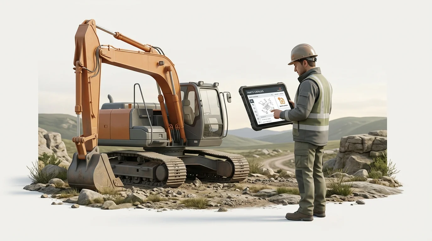 A field-service technician beside a remote excavator uses a rugged tablet with no signal to browse a local parts catalog and queue a repair order.
