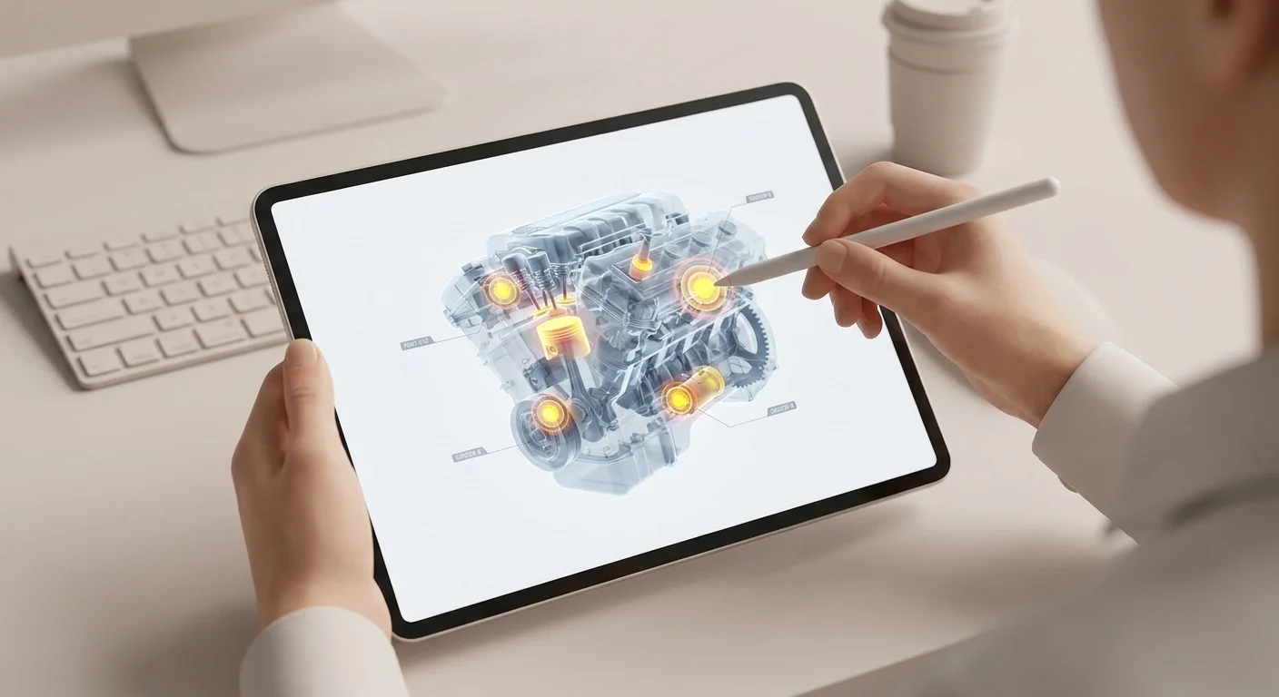 An over-the-shoulder view of a tablet screen displaying a glowing, interactive 3D engine schematic with clearly highlighted component hotspots.