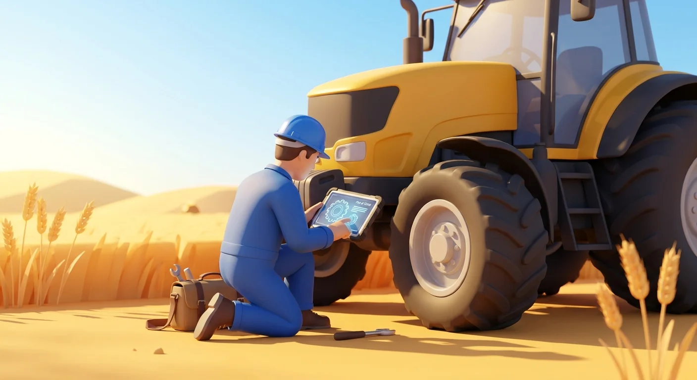 A mechanic working offline in a remote, sunny agricultural field, successfully identifying a tractor part on a ruggedized mobile tablet.
