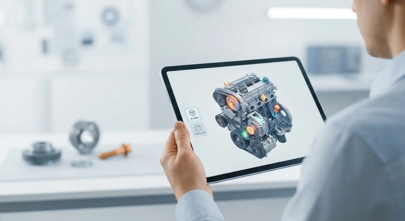 A close-up over-the-shoulder view of a tablet screen displaying a highly detailed, interactive 3D mechanical schematic with brightly colored clickable part hotspots.