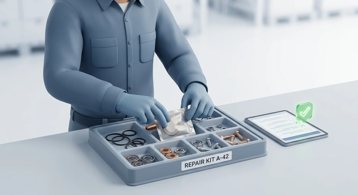 A warehouse worker carefully organizing a specific set of small machine components, seals, and bearings into a bundled repair kit on a clean workbench.