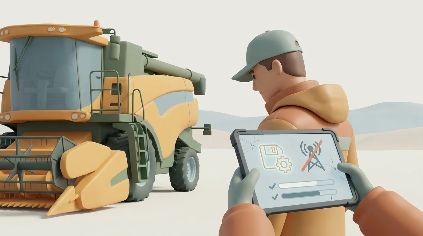 Opening: A field technician beside an agricultural machine in a remote field, using a rugged tablet with no signal while a parts request remains saved on the device; no text.