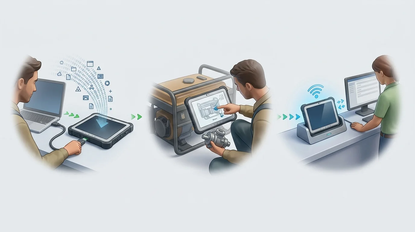 Workflow section: A three-scene editorial illustration showing a catalog package downloaded before departure, a technician selecting a replacement component offline, and the device synchronizing at a service depot; no text.