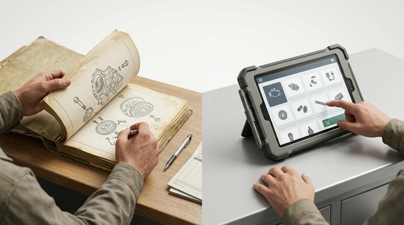 Comparison section: A split scene contrasting a weathered paper parts manual at a parts counter with a rugged tablet supporting a structured offline catalog workflow; no text.
