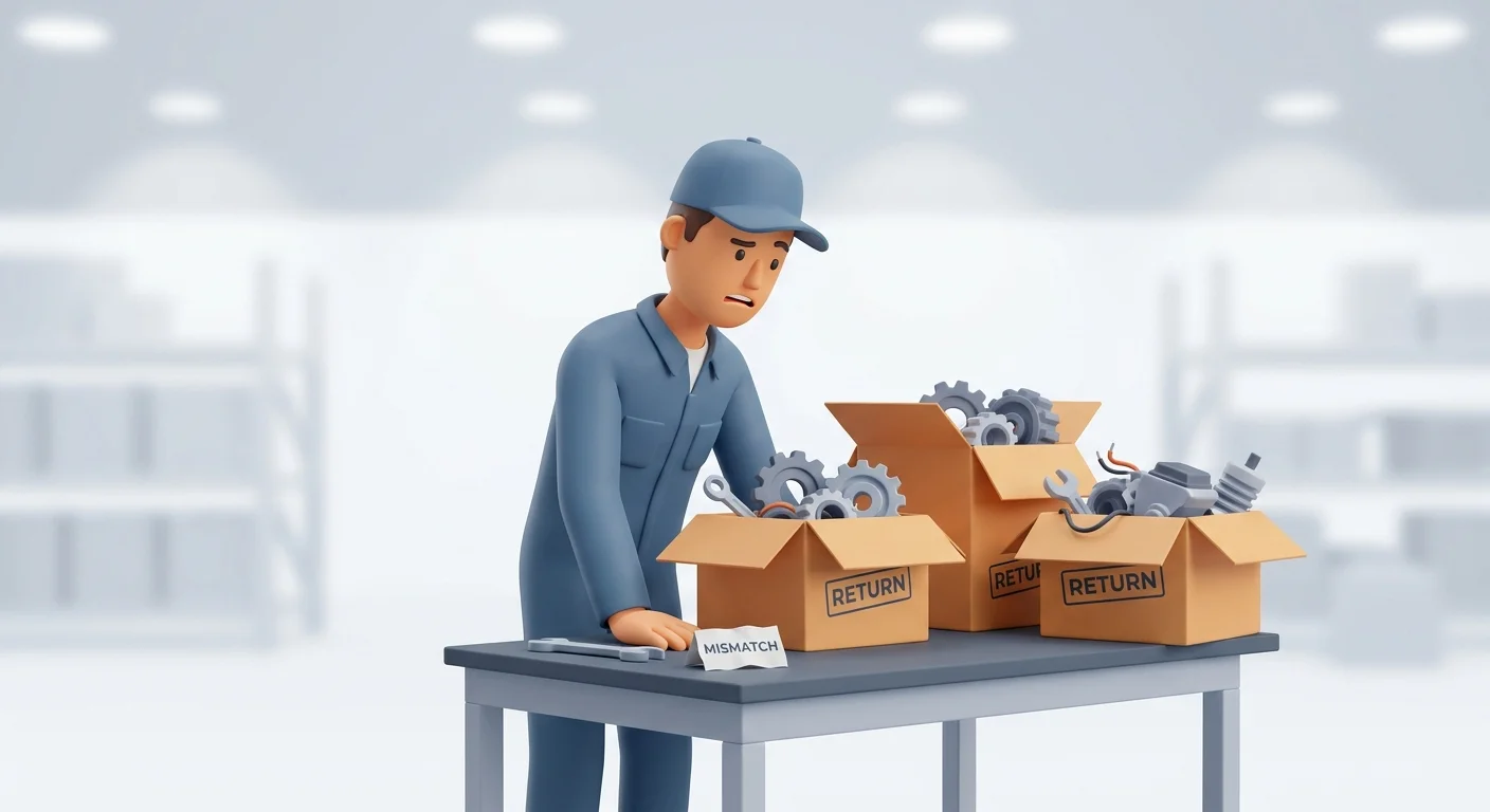 A frustrated warehouse worker looking at a table of returned mechanical parts in cardboard boxes.