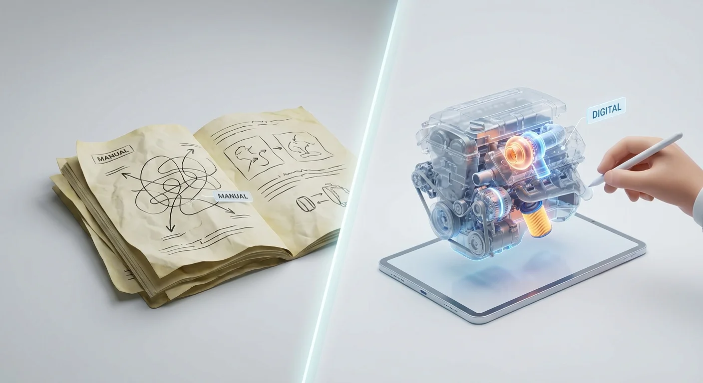 A split-screen metaphor showing a confusing paper manual on one side and a brightly highlighted digital 3D engine schematic on the other.