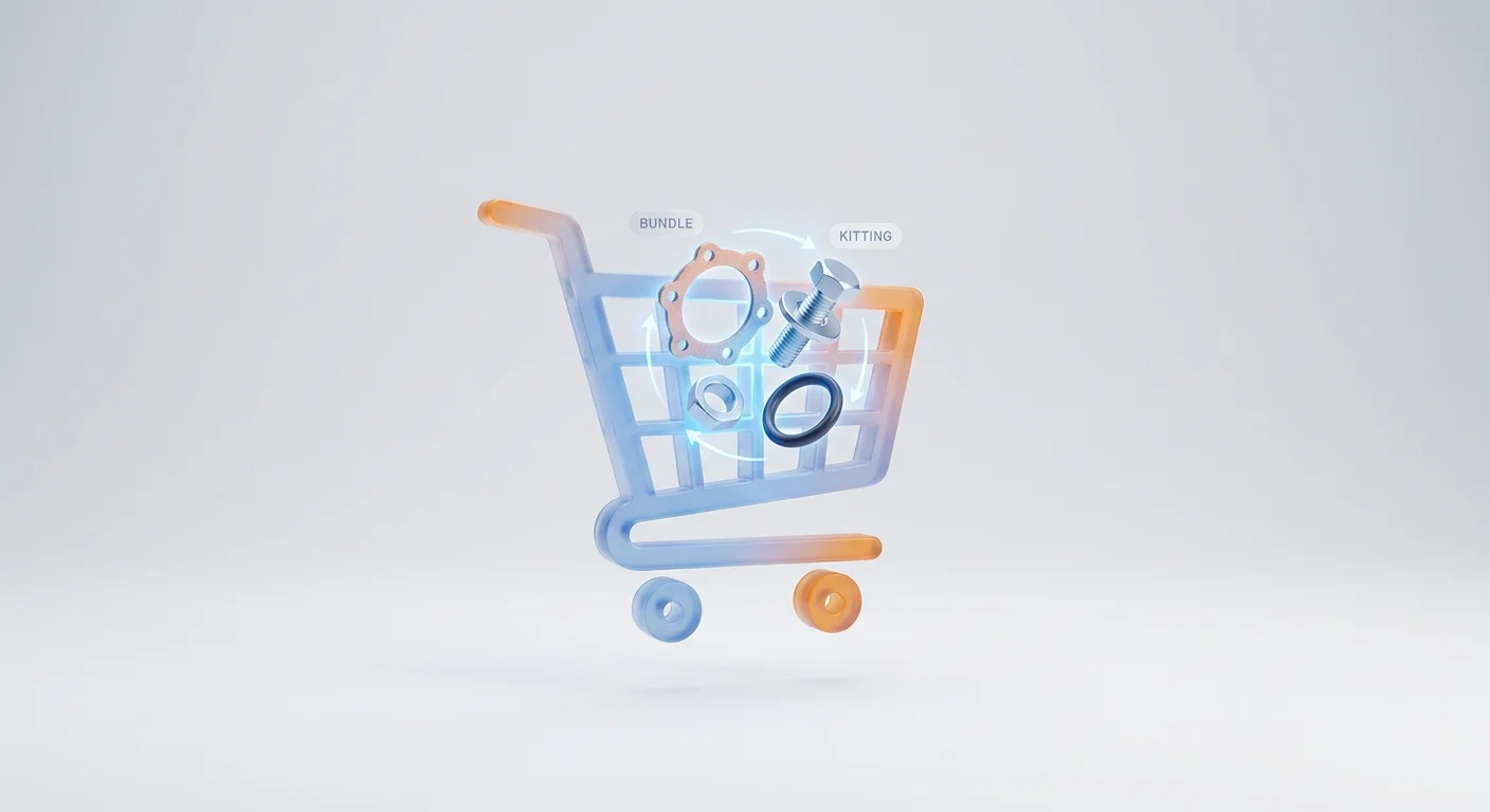 A conceptual digital overlay showing interconnected parts like gaskets, bolts, and seals automatically grouping together in a shopping cart.