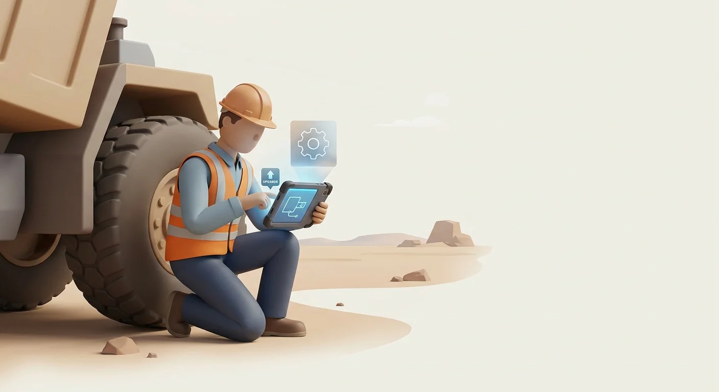 A field service technician in high-vis gear using a rugged offline tablet next to a heavy mining truck in a remote, dusty environment.