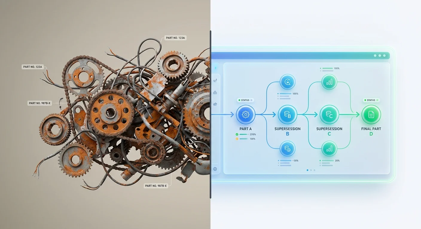 A split-screen visualization showing a messy, tangled chain of disconnected metal gears on one side and a brightly lit, perfectly organized digital supply chain dashboard on the other.
