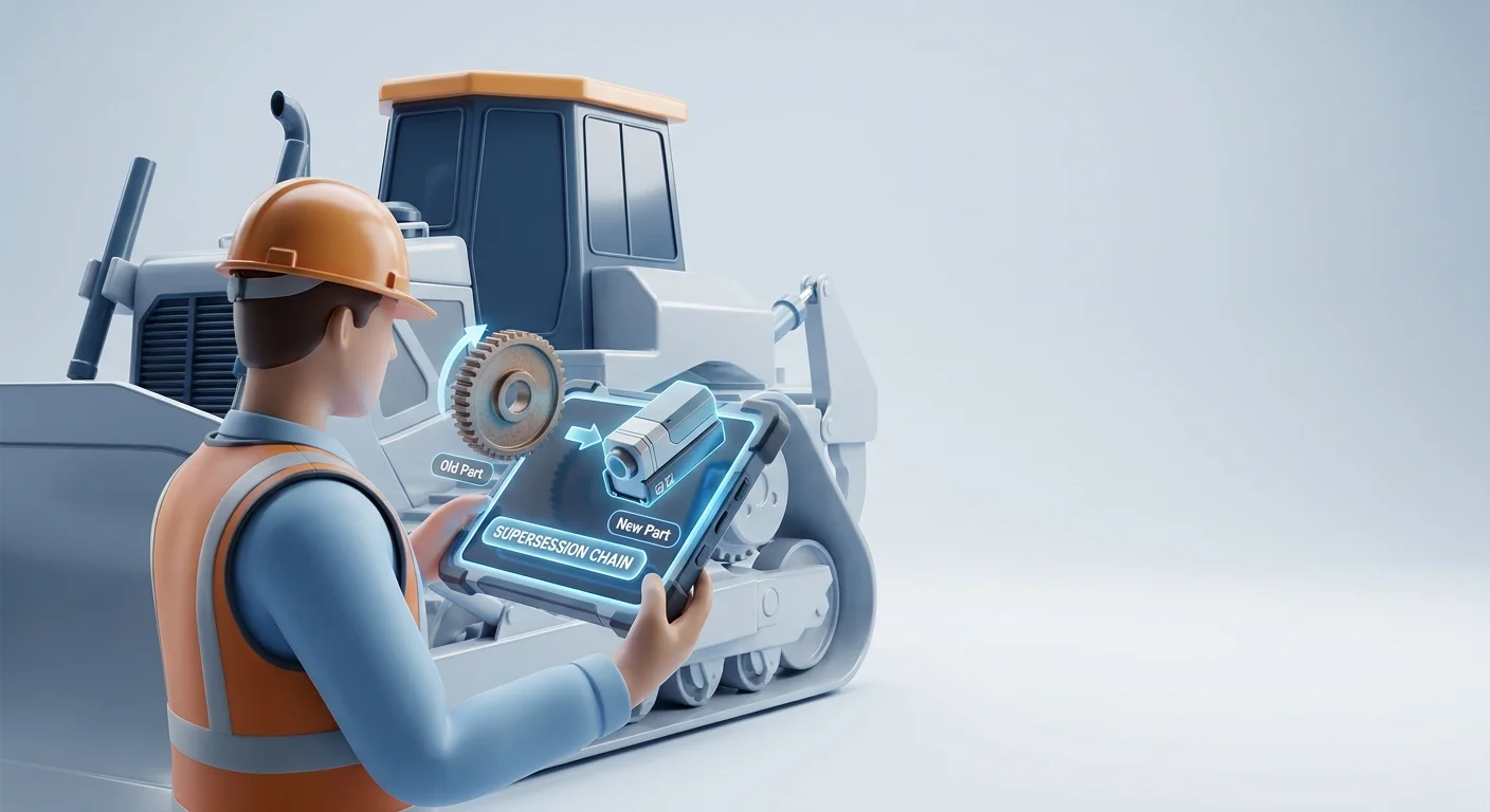 A field service technician wearing a hard hat, standing next to a large piece of earth-moving heavy machinery, viewing an interactive 3D part schematic on a rugged offline tablet.