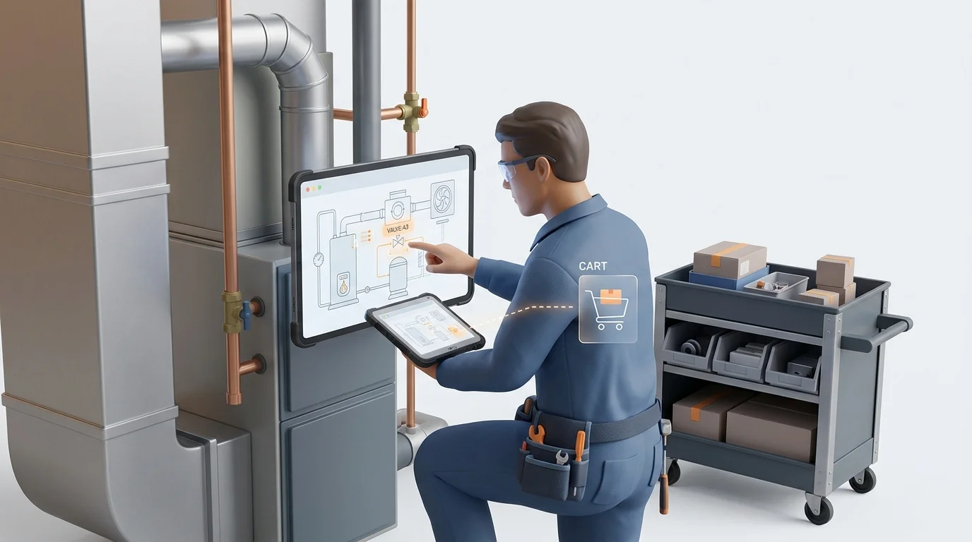 An HVAC field technician in a cramped mechanical room uses a rugged tablet to select a component on a digital schematic and build a parts cart.