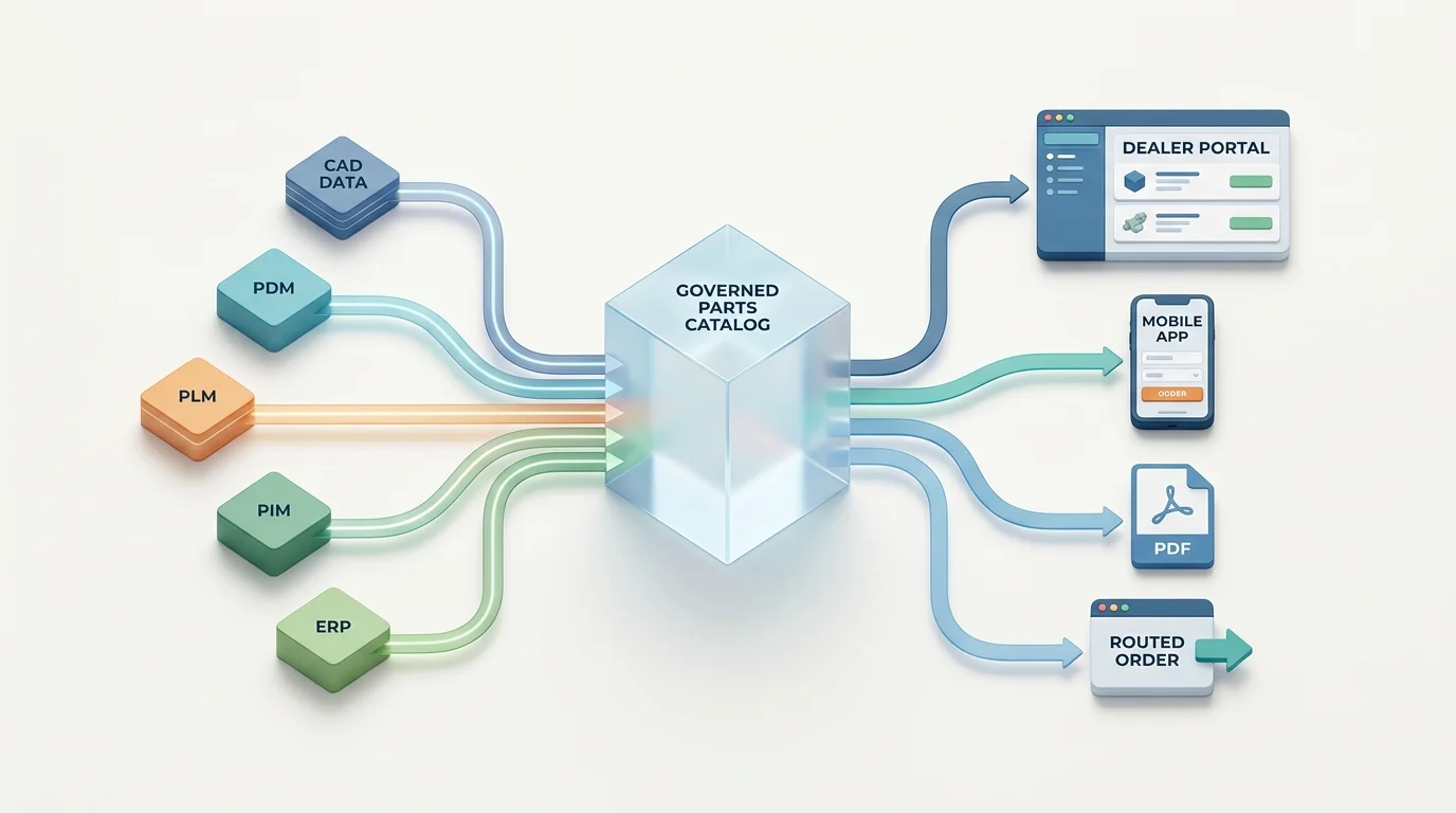 A clean systems-flow diagram shows CAD, PDM, PLM, PIM, and ERP data feeding a governed parts catalog that serves a dealer portal, mobile app, PDF, and routed order.