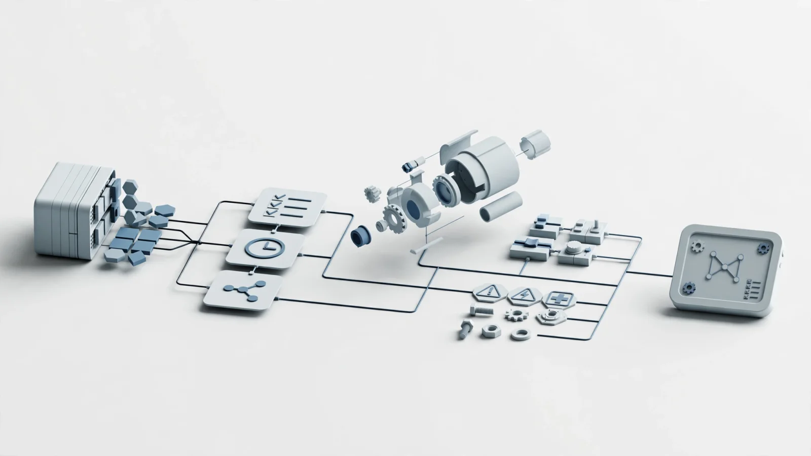 A wide editorial cutaway showing an OEM technical-information team feeding one structured source database that branches into linked procedures, illustrations, configurations, and parts before reaching a technician’s viewer; use visual symbols only and no text.