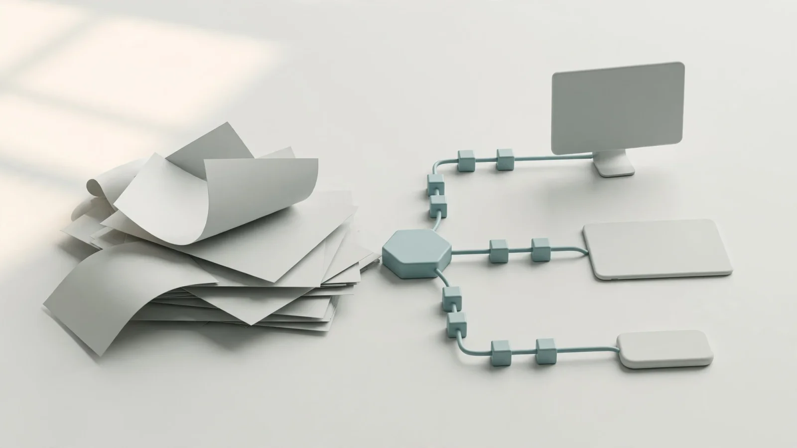 A split editorial scene contrasting page-based manuals on one side with interconnected reusable information objects on the other, showing the same equipment configuration reaching desktop, mobile, and offline devices; include no text.