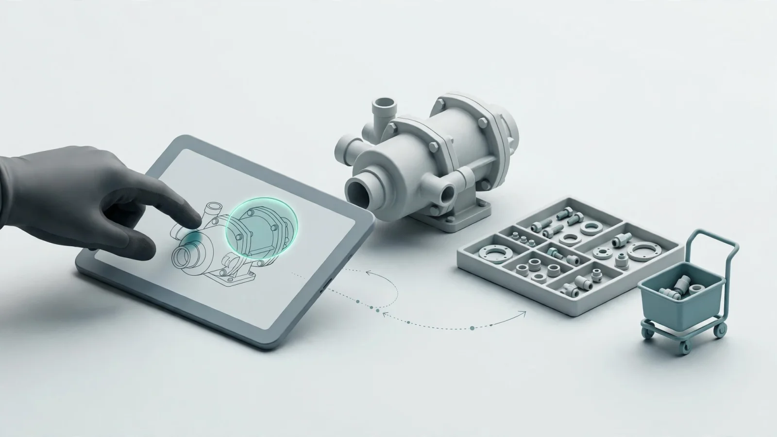 A field technician using a tablet beside heavy equipment, selecting a highlighted schematic component and moving from visual identification to a replacement-part order in a warehouse or service setting; include no text.