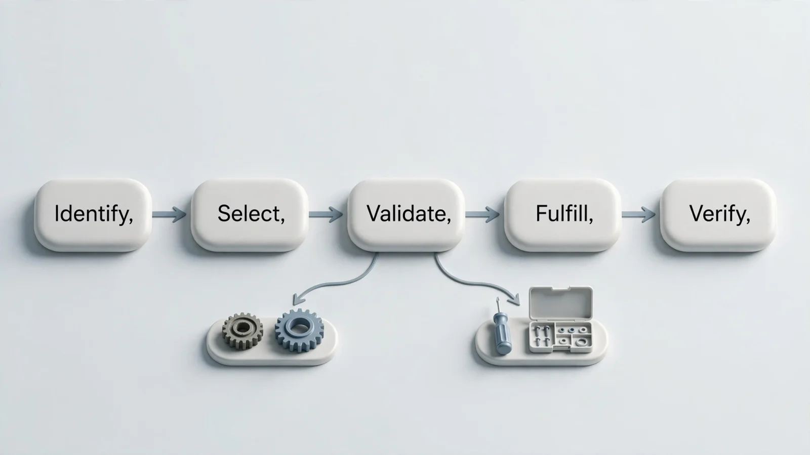 A clean workflow diagram shows five connected stages labeled "Identify," "Select," "Validate," "Fulfill," and "Verify," tracing the path from asset identification to a confirmed repair.