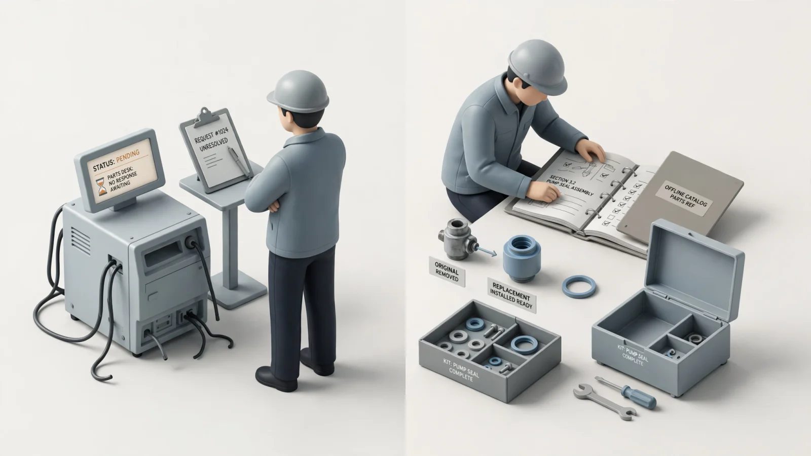 A split-scene editorial illustration contrasts a technician waiting for a parts-desk response with another technician using offline catalog content beside the machine.