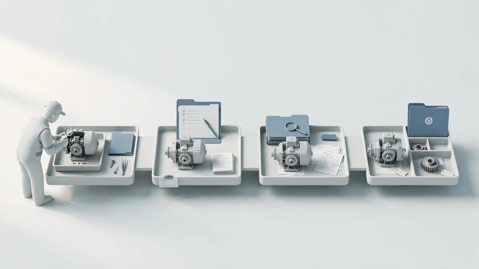 A wide editorial scene follows one serial-numbered industrial machine from a technician’s inspection to a dealer work order, an OEM claim decision, and a returned failed component, showing the connected warranty journey without labels.