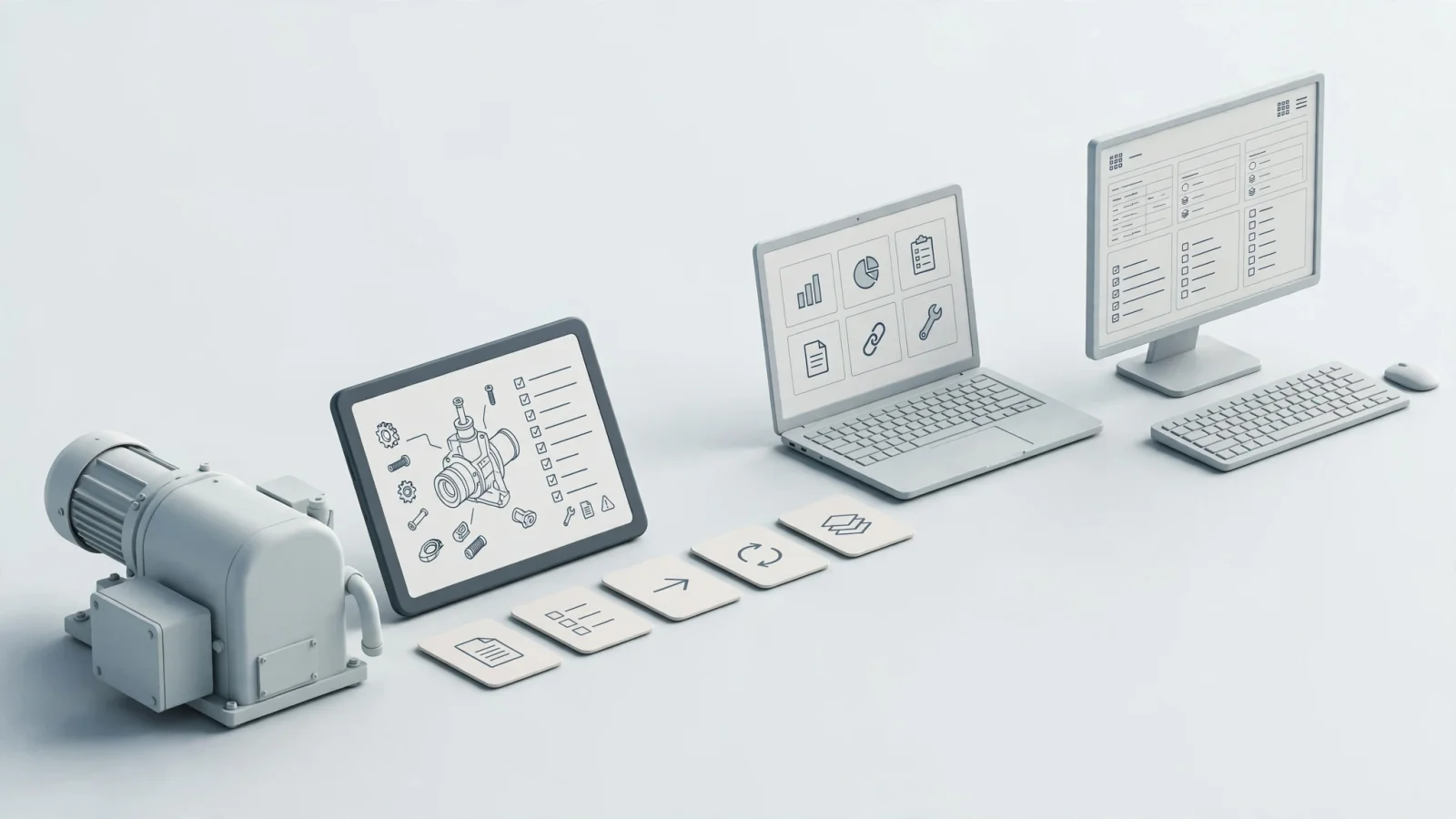 An OEM operations team tests a service architecture linking an ERP workstation, a dealer laptop, and a technician’s offline tablet to the same equipment record.