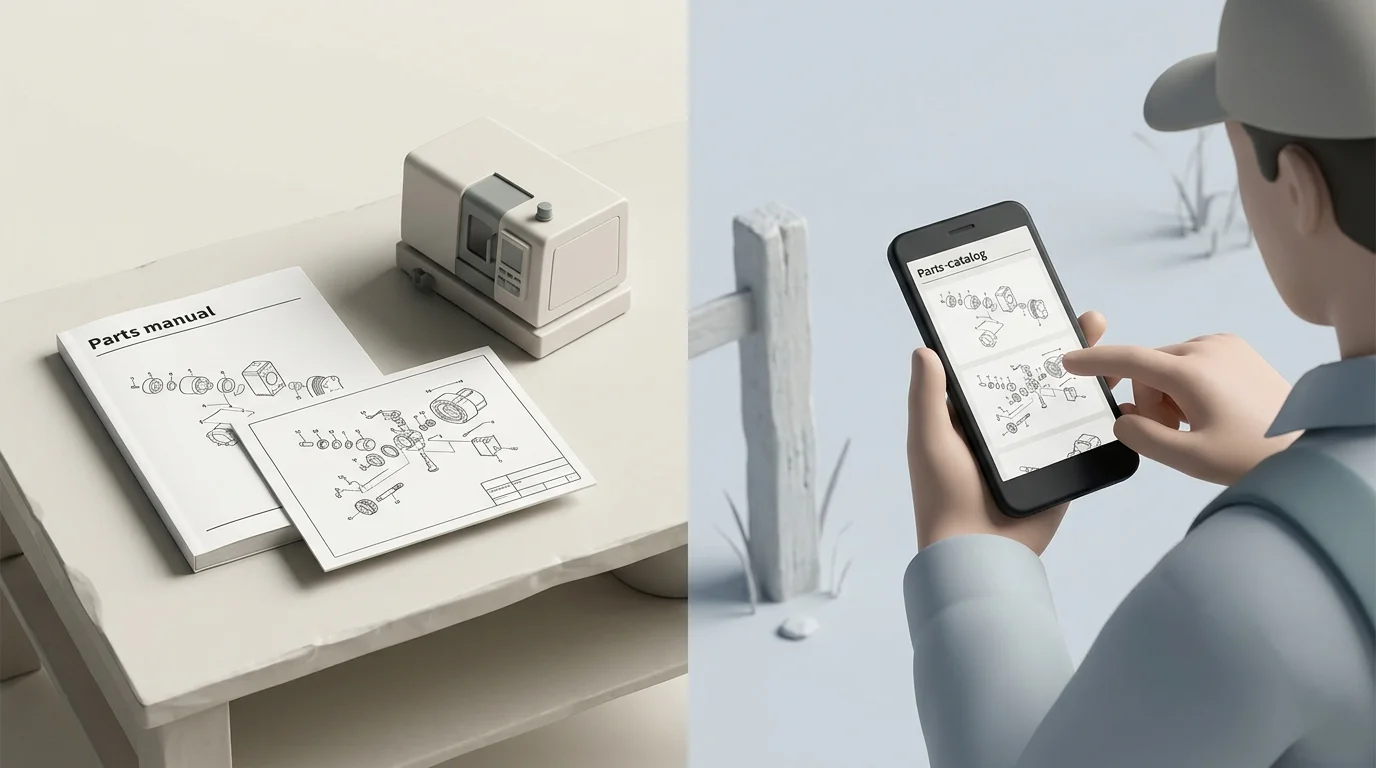 Field-delivery illustration: A split scene contrasts a paper manual at a remote jobsite with a technician using a synchronized mobile catalog package without network coverage.