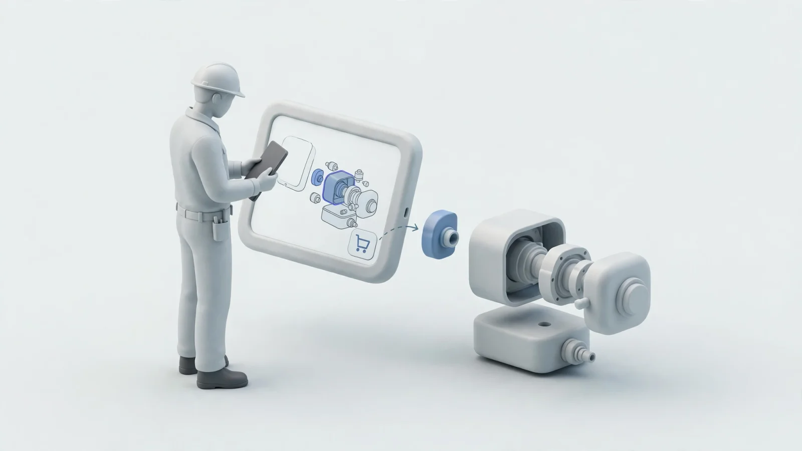 Opening visual: A field technician beside a machine uses a tablet to select a highlighted component in an interactive visual catalog and add the identified replacement part to a cart; request no text.