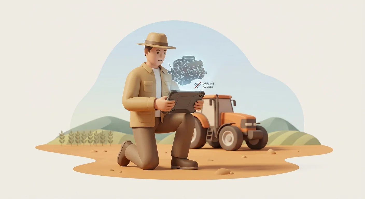 A field technician in a remote, dusty agricultural setting using a rugged tablet completely offline to view an interactive 3D tractor schematic.