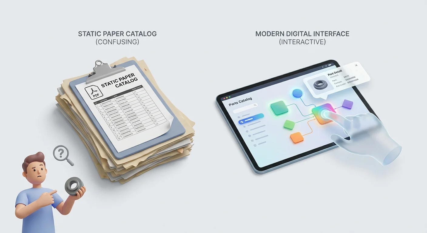 A side-by-side visual comparing a static, confusing paper PDF parts list with a vibrant, clickable multi-shape hotspot interface on a modern digital screen.