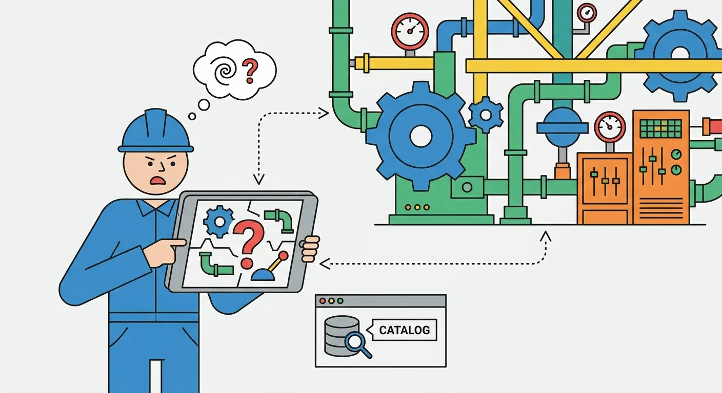 A frustrated field technician holding a digital tablet while looking confused at a massive, complex piece of industrial machinery.
