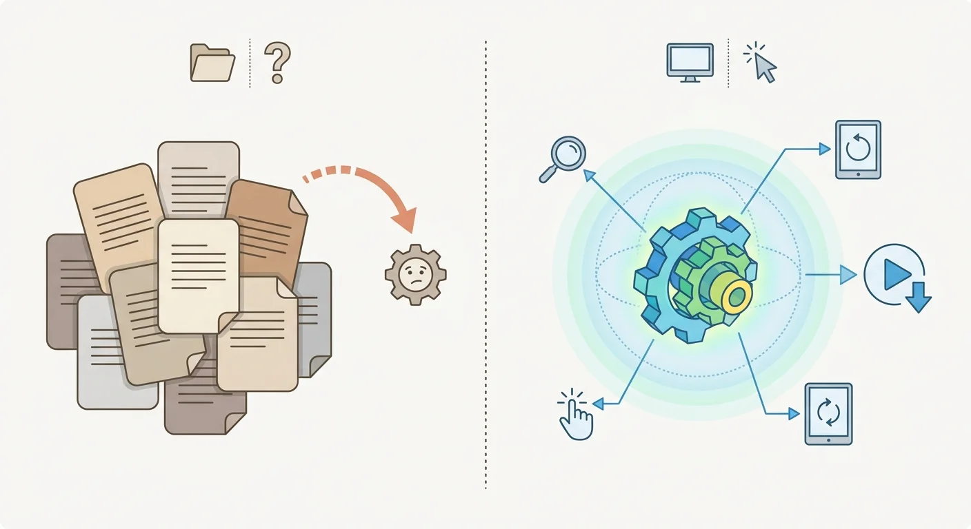 A split-screen visual metaphor showing a messy pile of dense paper manuals on one side and a glowing, floating 3D mechanical part on the other.