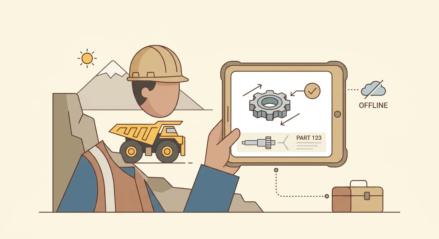A field service technician in a rugged, remote mining environment successfully using a ruggedized tablet offline.