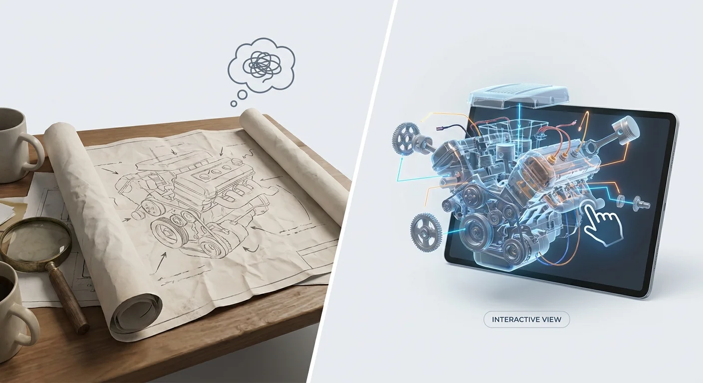 A split screen metaphor showing a confusing, static paper blueprint on one side and a glowing, interactive 3D digital twin of an engine on the other.
