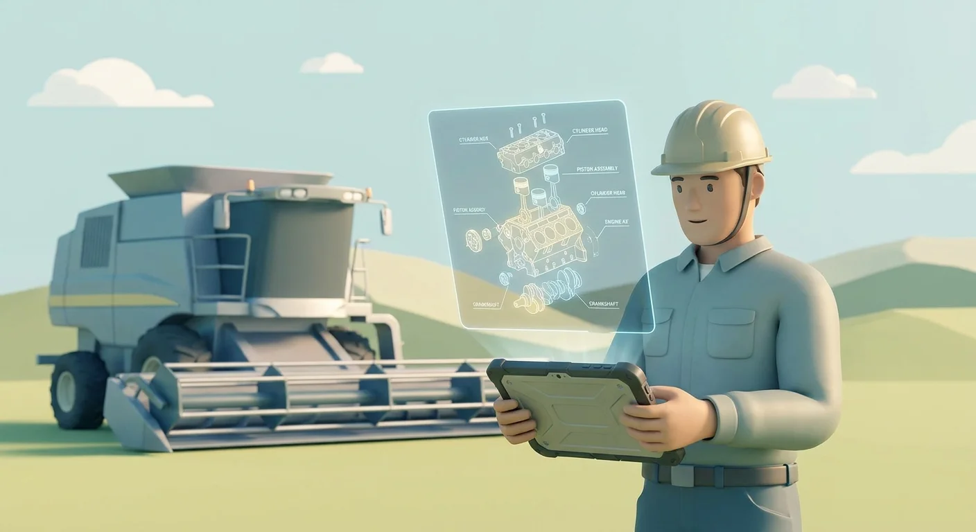 A field service technician inspecting heavy agricultural machinery in a remote outdoor field, holding a rugged tablet.